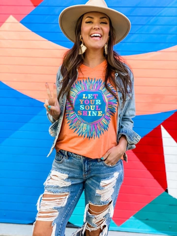 {LET YOUR SOUL SHINE} Vibrant Flower Orange V-Neck