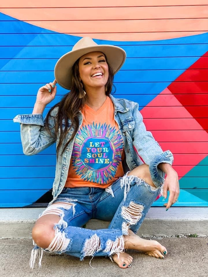 {LET YOUR SOUL SHINE} Vibrant Flower Orange V-Neck