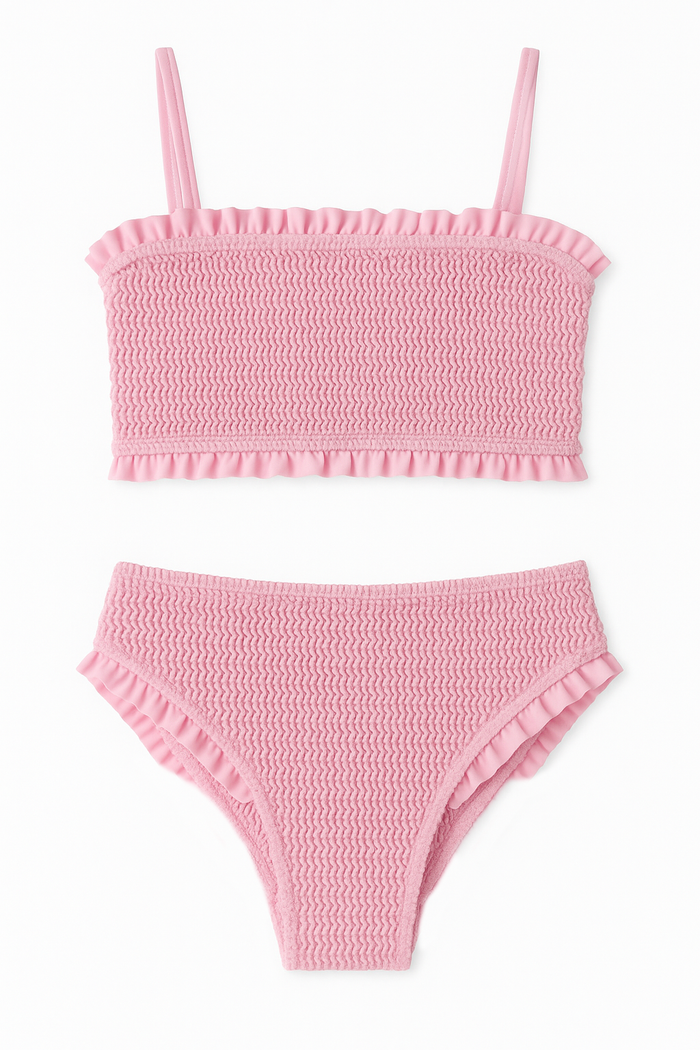 Limeapple June Crinkle Ruffle Bandeau Two Piece Swimsuit | Candy Pink