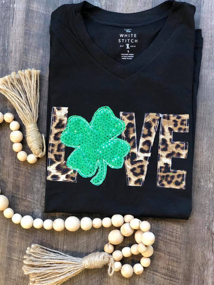 {LOVE + SHAMROCK} Leopard + Green Shamrock Appliquéd Black V-Neck Tee