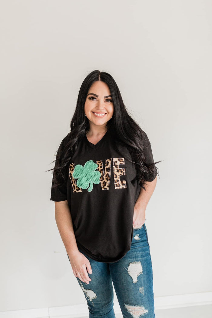 {LOVE + SHAMROCK} Leopard + Green Shamrock Appliquéd Black V-Neck Tee