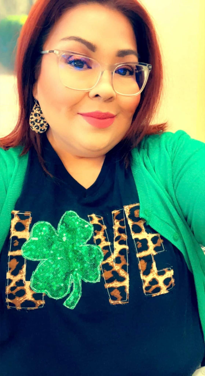 {LOVE + SHAMROCK} Leopard + Green Shamrock Appliquéd Black V-Neck Tee