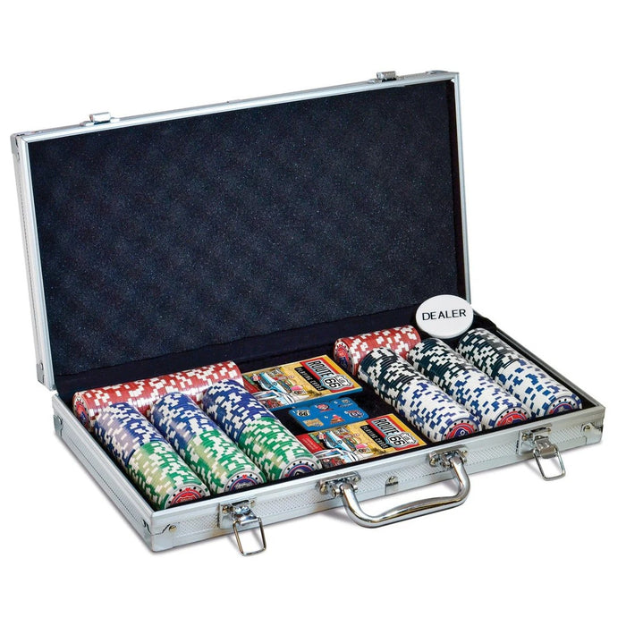 Poker set with chips, cards, and a dealer button in an open silver case on a white background