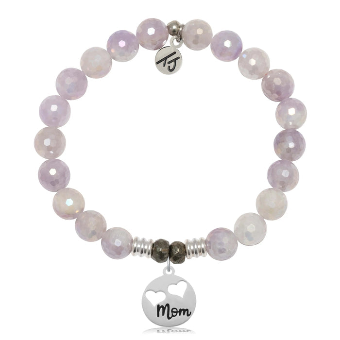 Mauve Jade Gemstone Bracelet with Mom Hearts Sterling Silver Charm