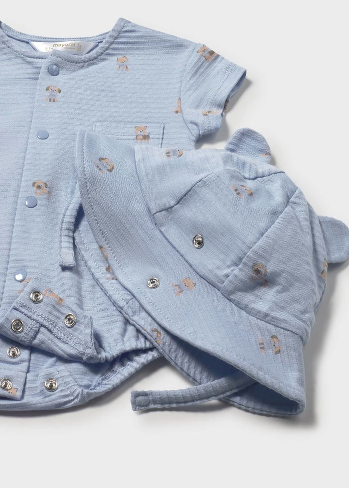 Mayoral Newborn Boy Romper and Hat Set | Sky