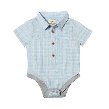 Me & Henry Helford Woven Onesie | Blue/Grey Stripe