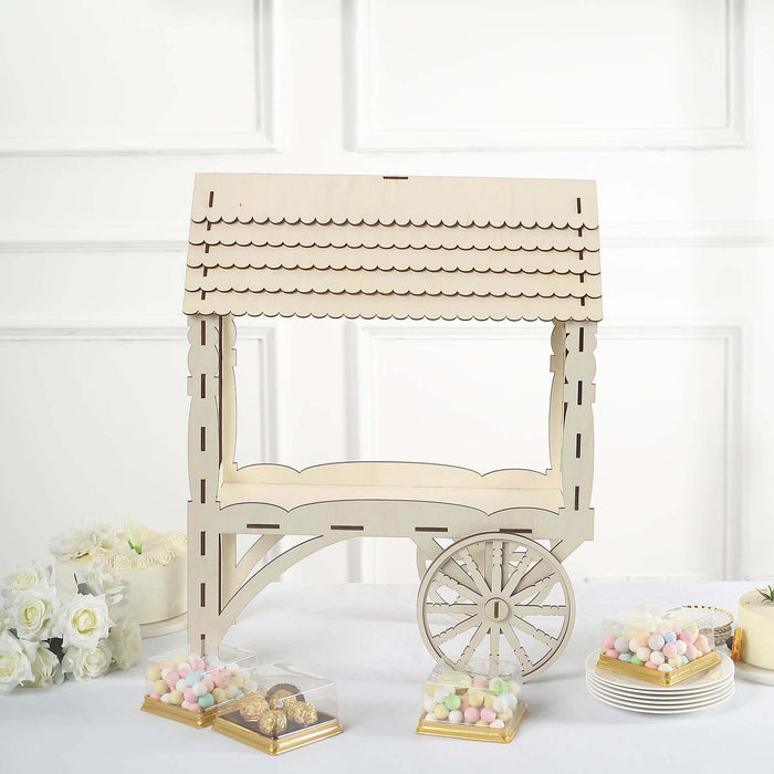 Wooden dessert cart display for events, showcasing sweets and treats.