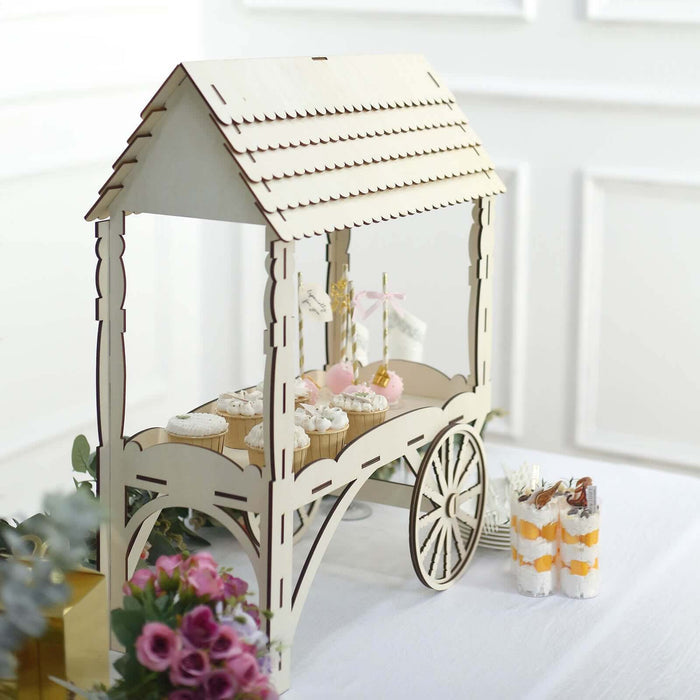 Wooden dessert cart with cupcakes and decorations, ideal for events and celebrations.