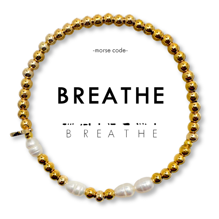Morse Code Pearl & Gold Waterproof Beaded Bracelet | BREATHE
