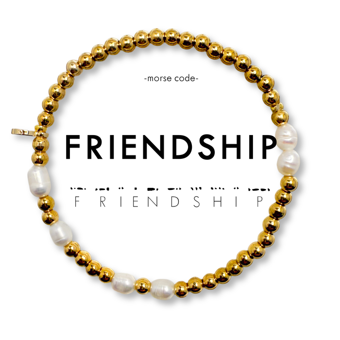 Morse Code Pearl & Gold Waterproof Beaded Bracelet | FRIENDSHIP