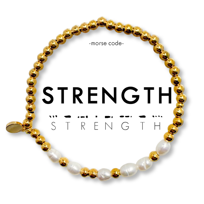 Morse Code Pearl & Gold Waterproof Beaded Bracelet | STRENGTH