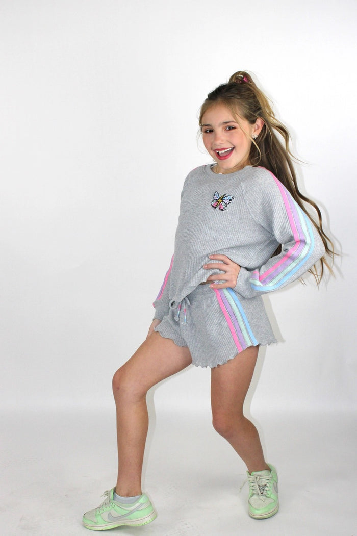 Paper Flower Butterfly Embroidery And Side Color Taping Sweatshirt