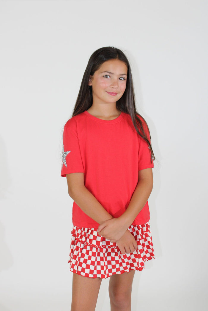 Paper Flower Rhinestone Stars T-shirt Tomato