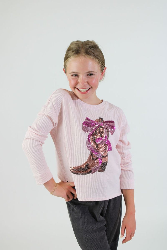 Paper Flower Sequins Western Boot Sweatshirt