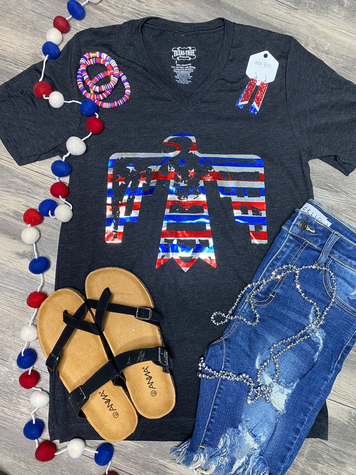 {PATRIOTIC FREE BIRD FOIL} Char-Black V-Neck Tee