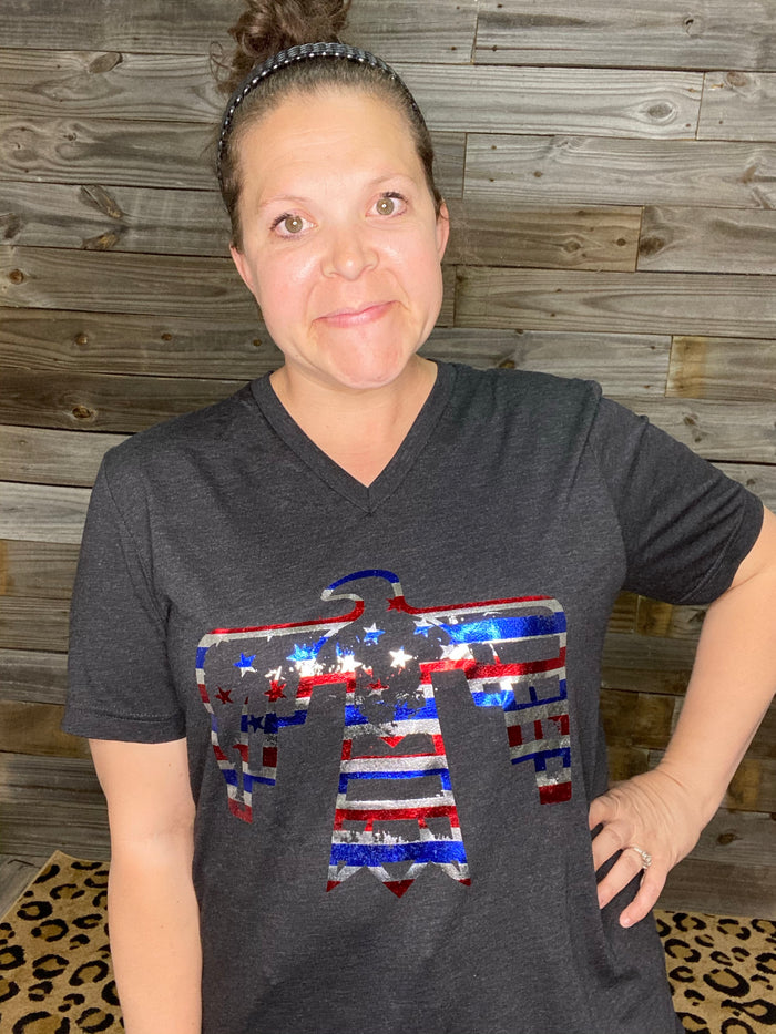 {PATRIOTIC FREE BIRD FOIL} Char-Black V-Neck Tee