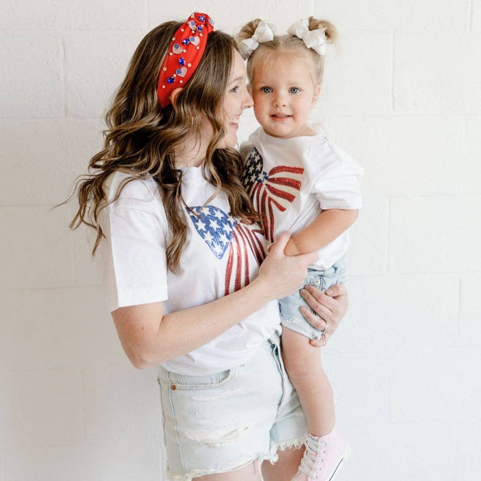 Patriotic Sequin Bow Patch Short Sleeve T-Shirt
