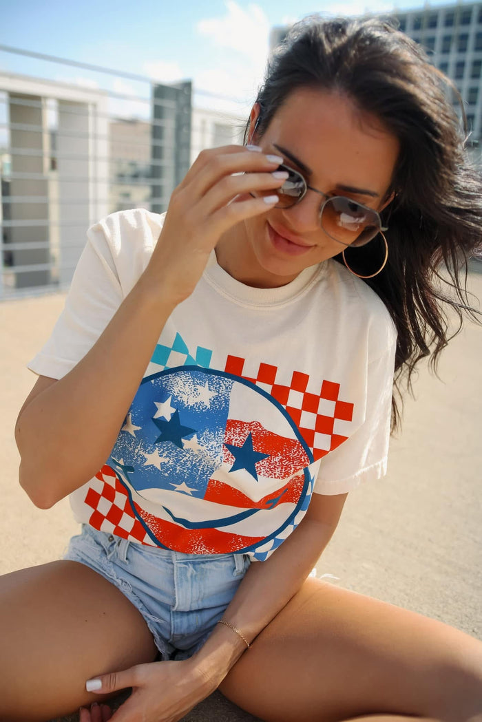 {PATRIOTIC SMILEY} Ivory Crew Neck Tee