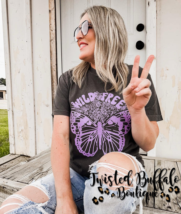 Pepper {WILD & FREE Butterly} Purple Ink Pepper Crew Neck Tee