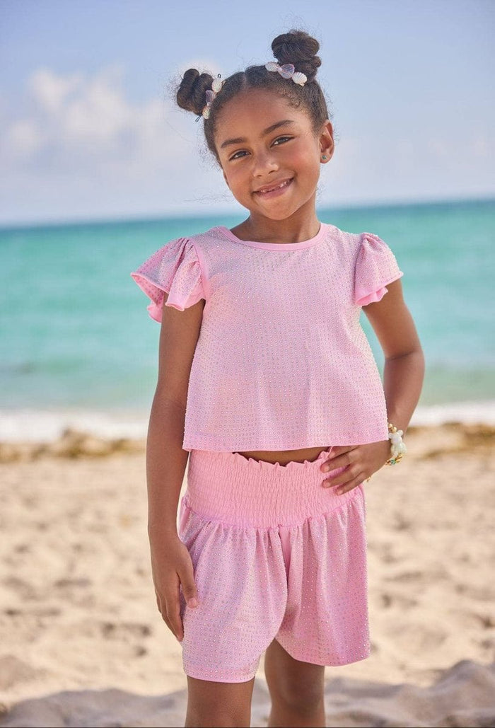 Pink Crystal Ruffle Short Set
