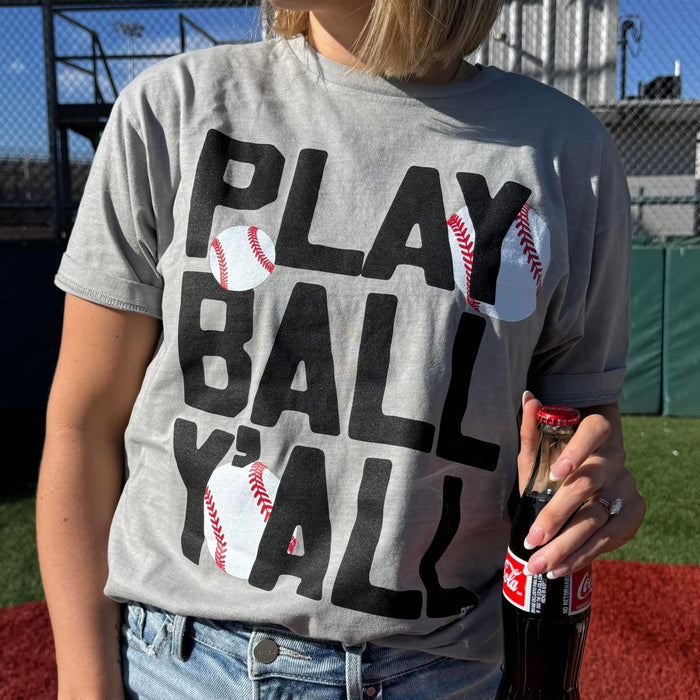 {PLAY BALL Y'ALL} Baseball Cement Gray Crew Neck Tee