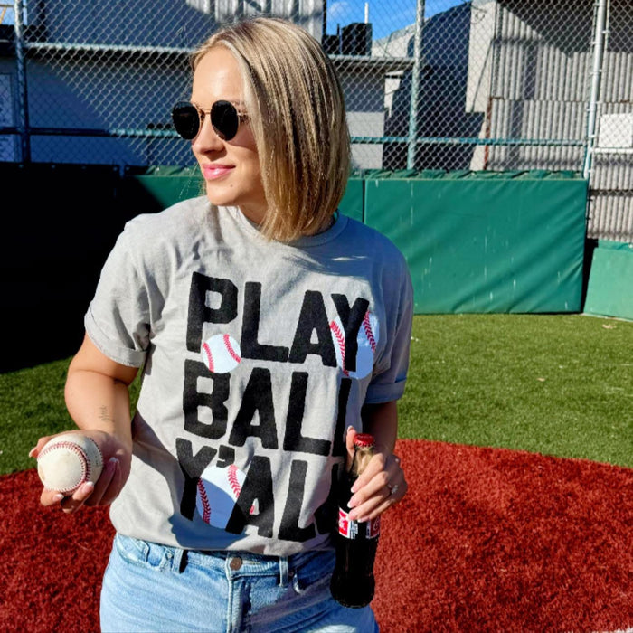 {PLAY BALL Y'ALL} Baseball Cement Gray Crew Neck Tee
