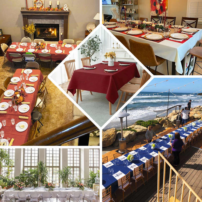 Various styled dining tables set for events in different settings.
