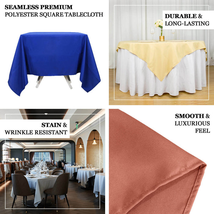 Seamless premium polyester tablecloths in blue, gold, and rust for elegant dining.