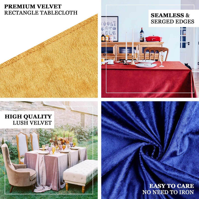 Premium velvet rectangle tablecloth in rich colors for elegant dining settings.