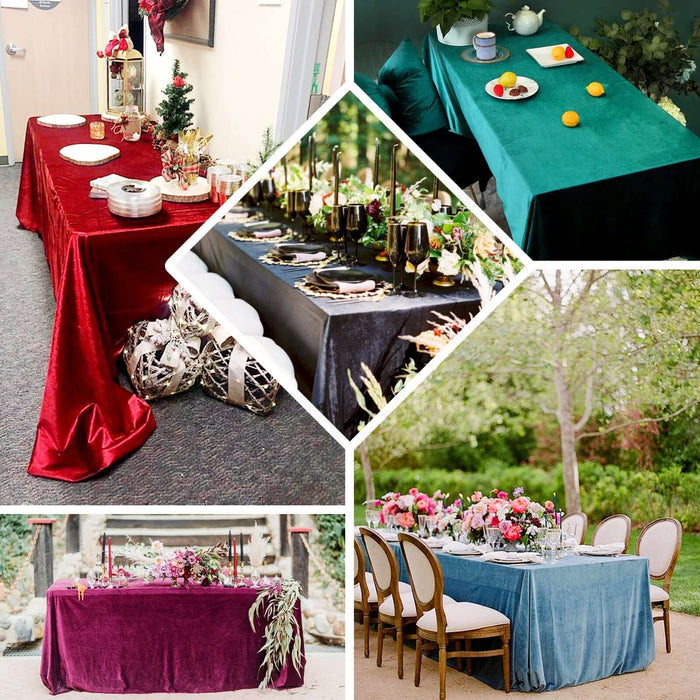 Assorted elegant tablecloths in various colors for festive dining settings.