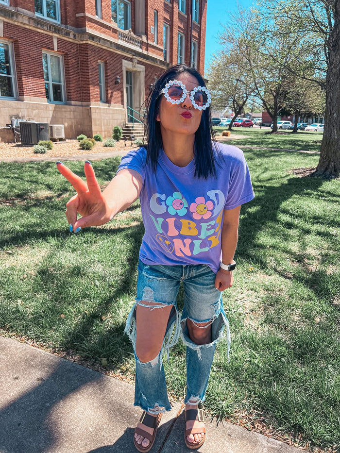 Purple {GOOD VIBES ONLY} Purple Crew Neck Tee