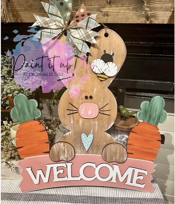 Rabbit and Carrots Spring Wooden Door Hanger