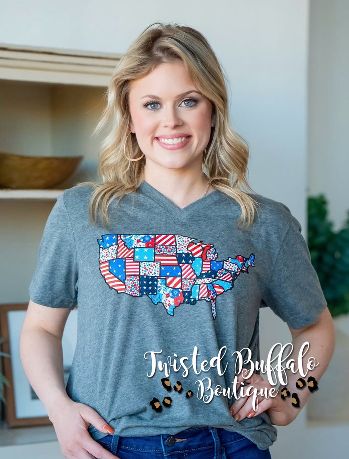 {ROAD TRIP ACROSS AMERICA} Patterns USA Gray V-Neck Tee
