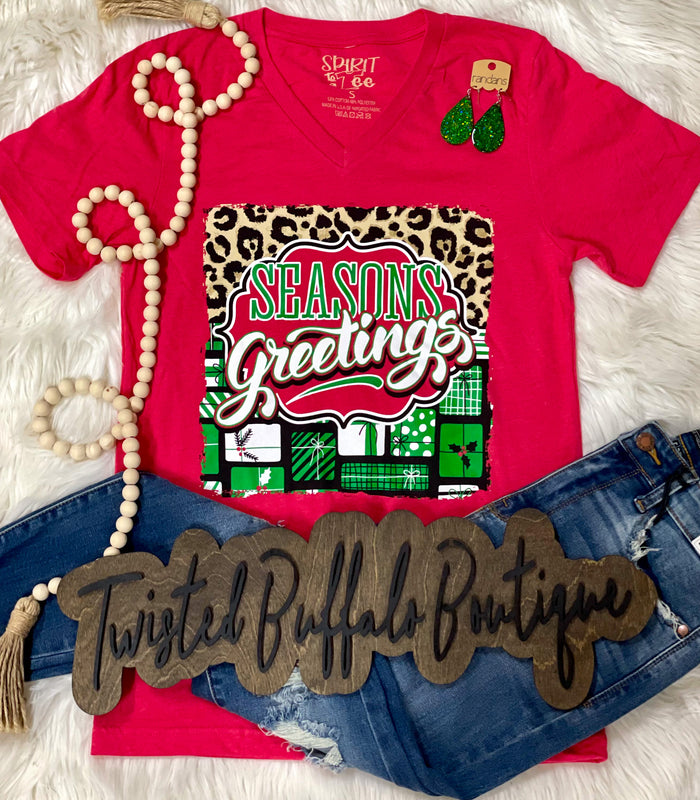 {SEASON'S GREETINGS} Leopard + Gifts Mix Red V-Neck Tee