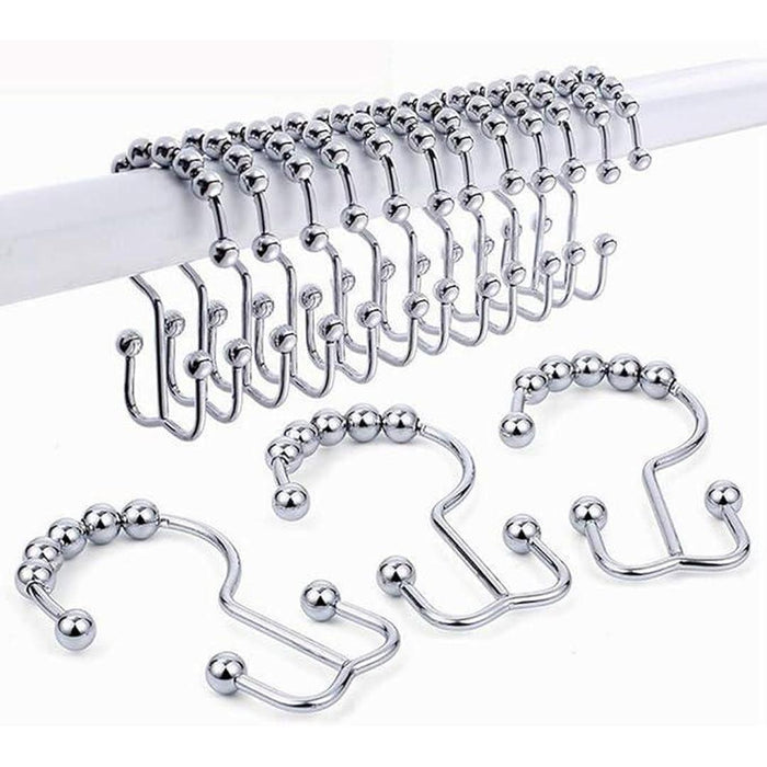 Set of 12 Chrome Double Roller Glide Shower Curtain Hooks Rings - Rust-Resistant Metal