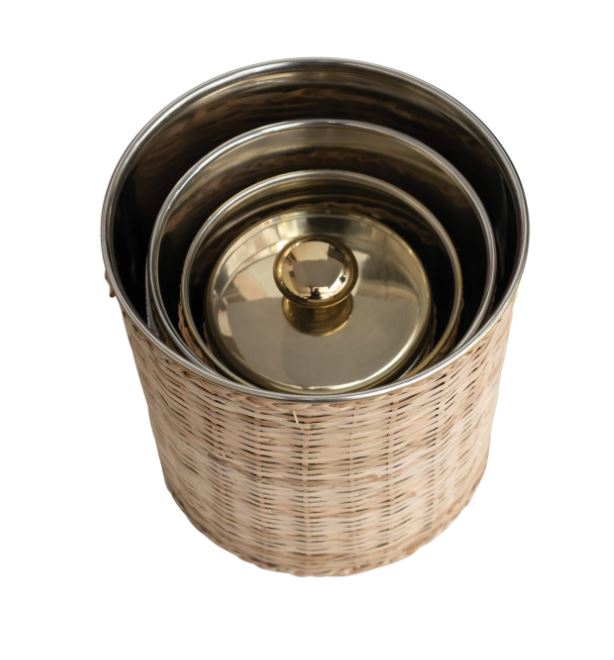 Small Rattan Wrapped Stainless Steel Canisters