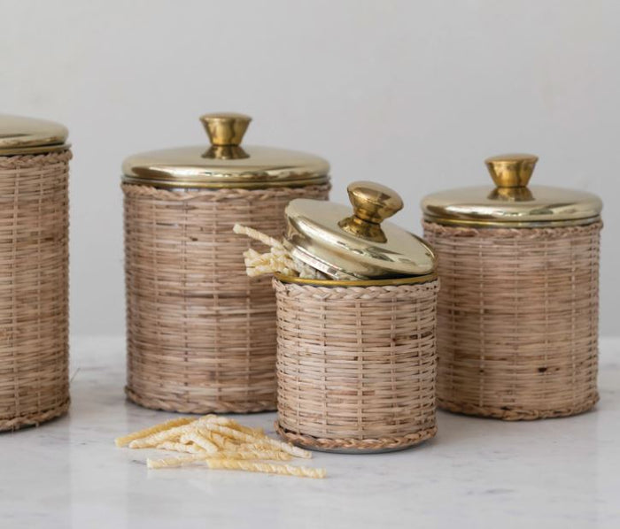 Small Rattan Wrapped Stainless Steel Canisters