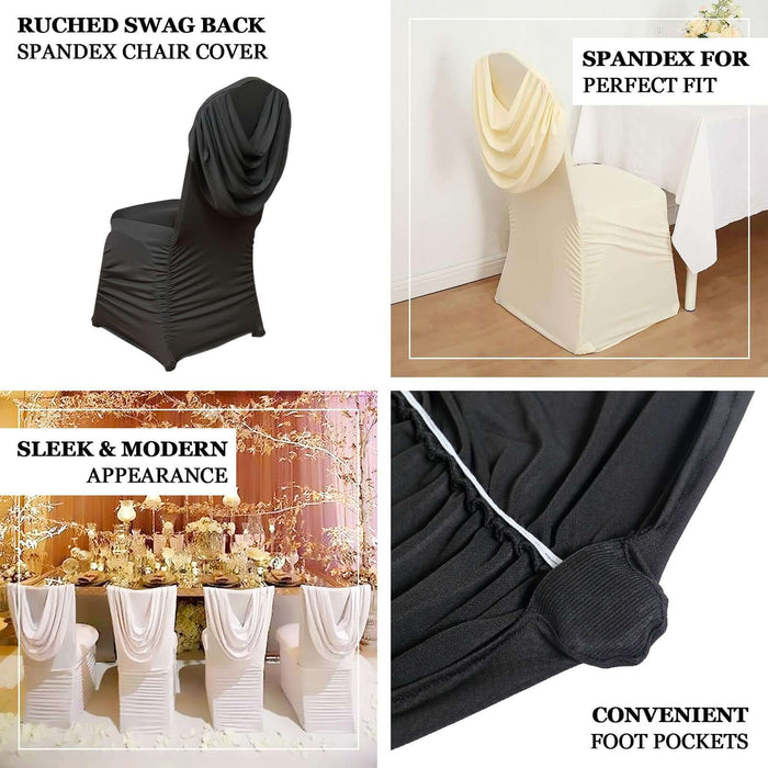 Spandex chair cover with ruched swag back, sleek design, and convenient foot pockets.