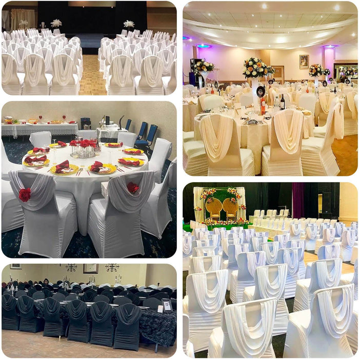 Elegant banquet hall setups with beautifully draped chairs and tables for events.