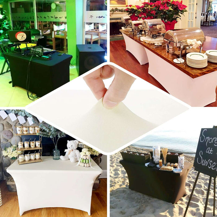 Various table covers in different settings for events and parties.