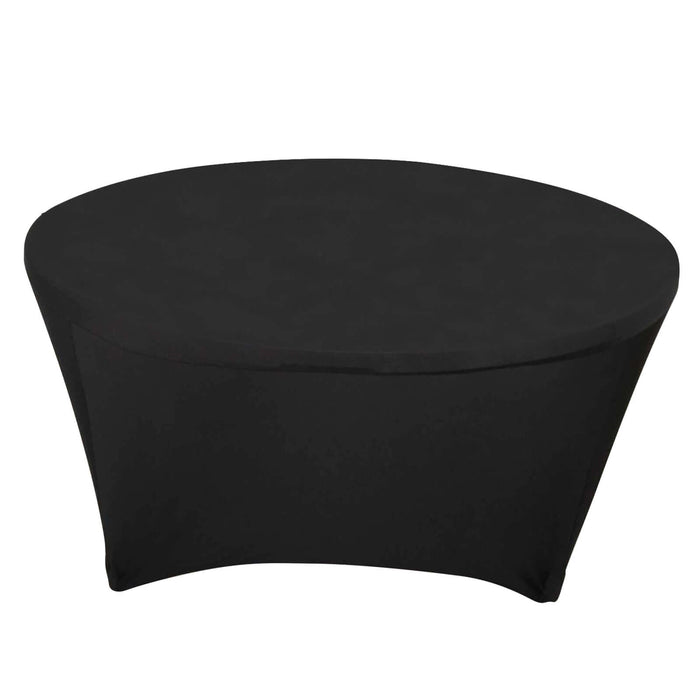 Black fitted table cover for round tables, ideal for events and presentations.