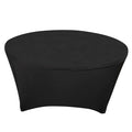 Black fitted table cover for round tables, ideal for events and presentations.