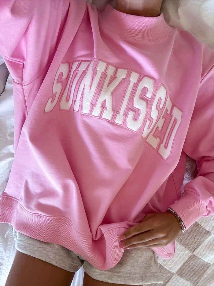 Sunkissed Coconut Lottie Pink Varsity Sunkissed Embroidered Mockneck Sweatshirt 100% Cotton