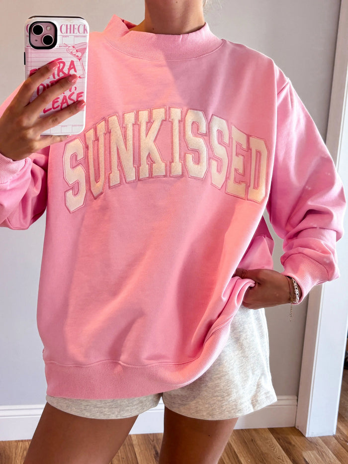 Sunkissed Coconut Lottie Pink Varsity Sunkissed Embroidered Mockneck Sweatshirt 100% Cotton