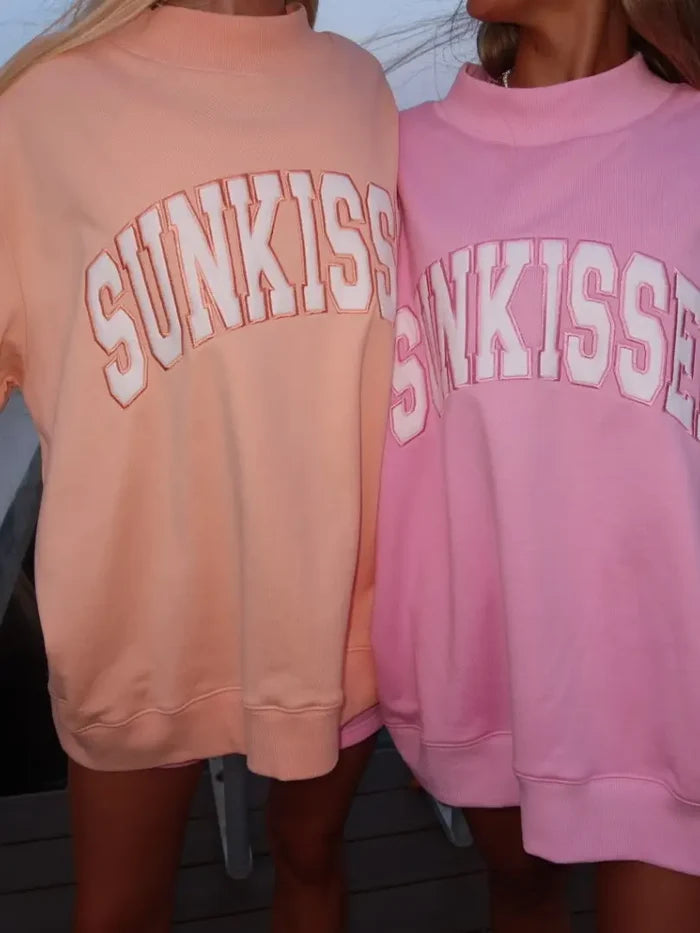 Sunkissed Coconut Lottie Pink Varsity Sunkissed Embroidered Mockneck Sweatshirt 100% Cotton