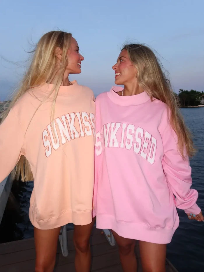 Sunkissed Coconut Lottie Pink Varsity Sunkissed Embroidered Mockneck Sweatshirt 100% Cotton