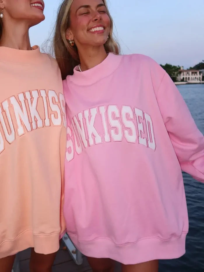 Sunkissed Coconut Lottie Pink Varsity Sunkissed Embroidered Mockneck Sweatshirt 100% Cotton