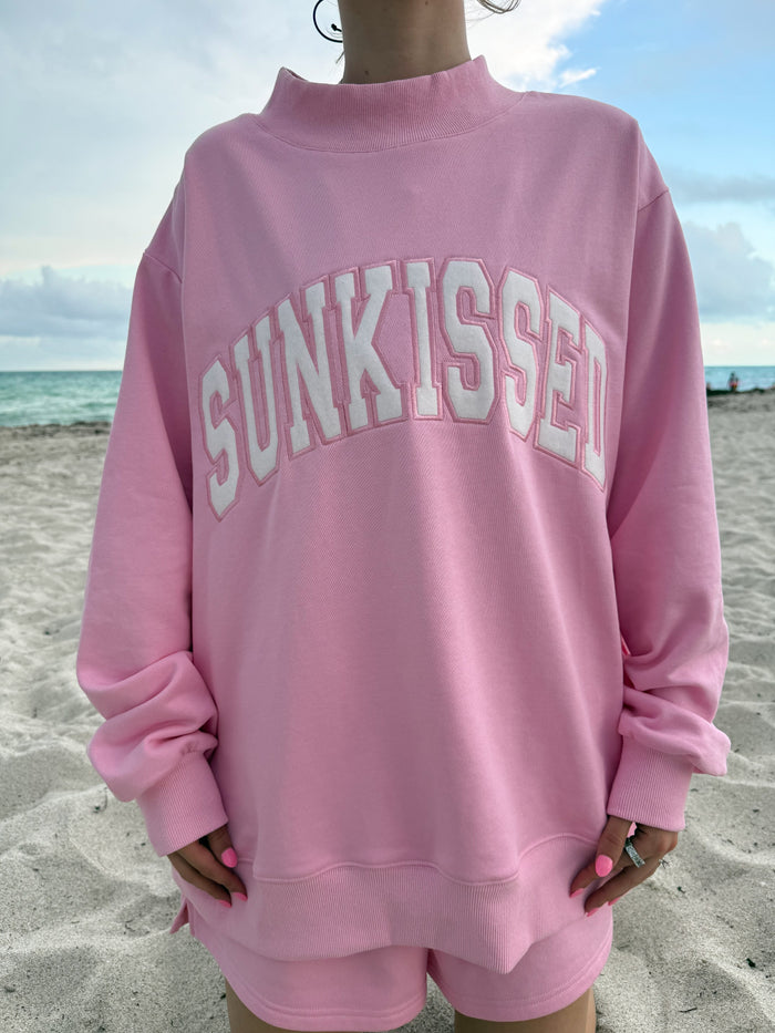 Sunkissed Coconut Lottie Pink Varsity Sunkissed Embroidered Mockneck Sweatshirt 100% Cotton