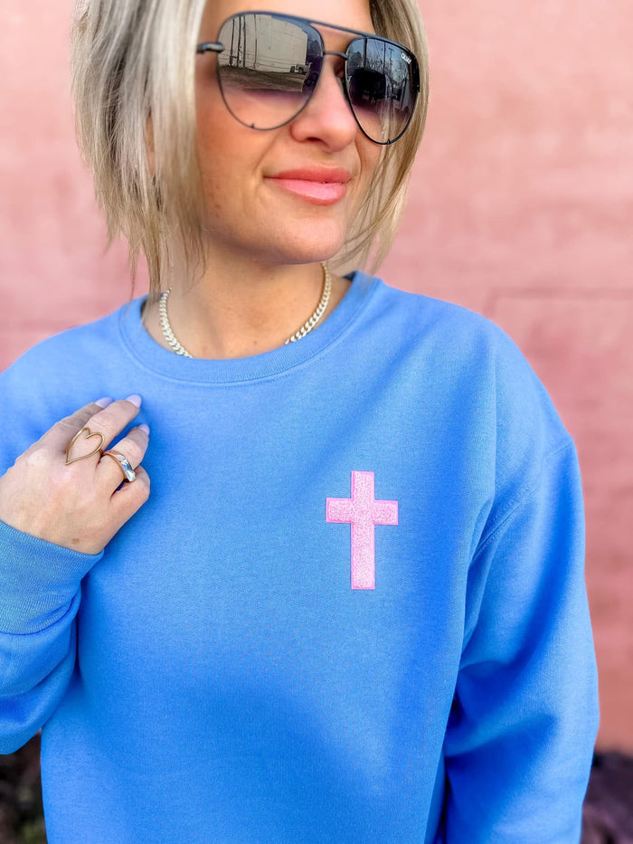 Sweatshirt {PINK PATCH CROSS} Blue Crew Neck Sweatshirt