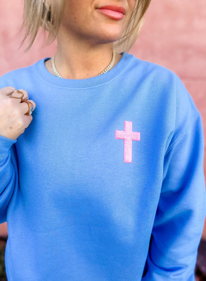 Sweatshirt {PINK PATCH CROSS} Blue Crew Neck Sweatshirt